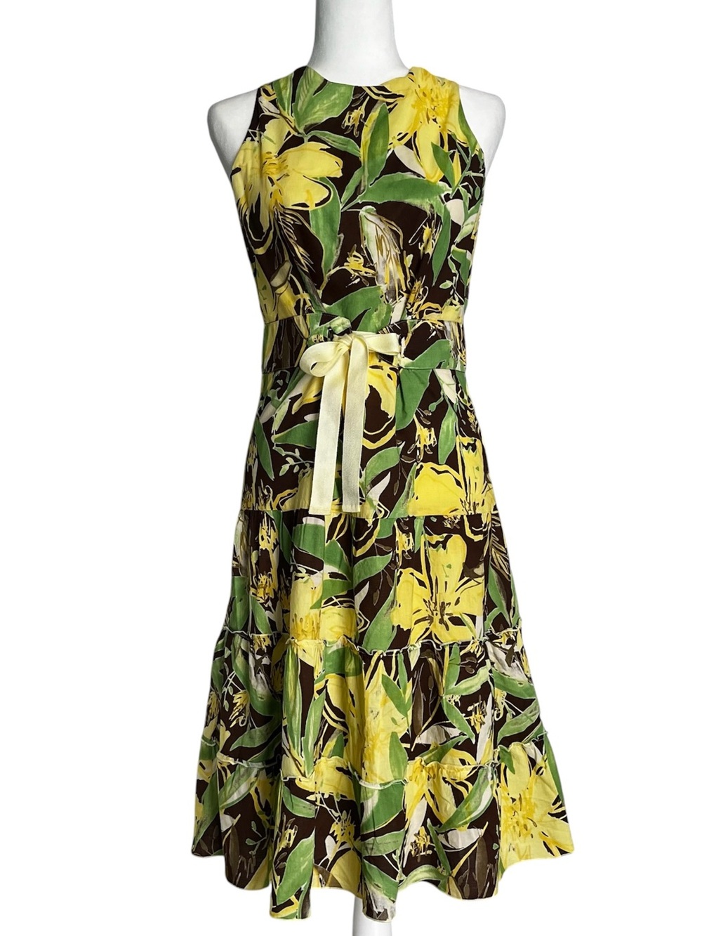 Vintage Roberto Verino Tropical Floral Tiered midi dress Yellow Green Sz 8
